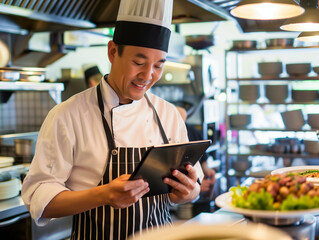A chef using a tablet to follow recipes and manage kitchen orders in a restaurant