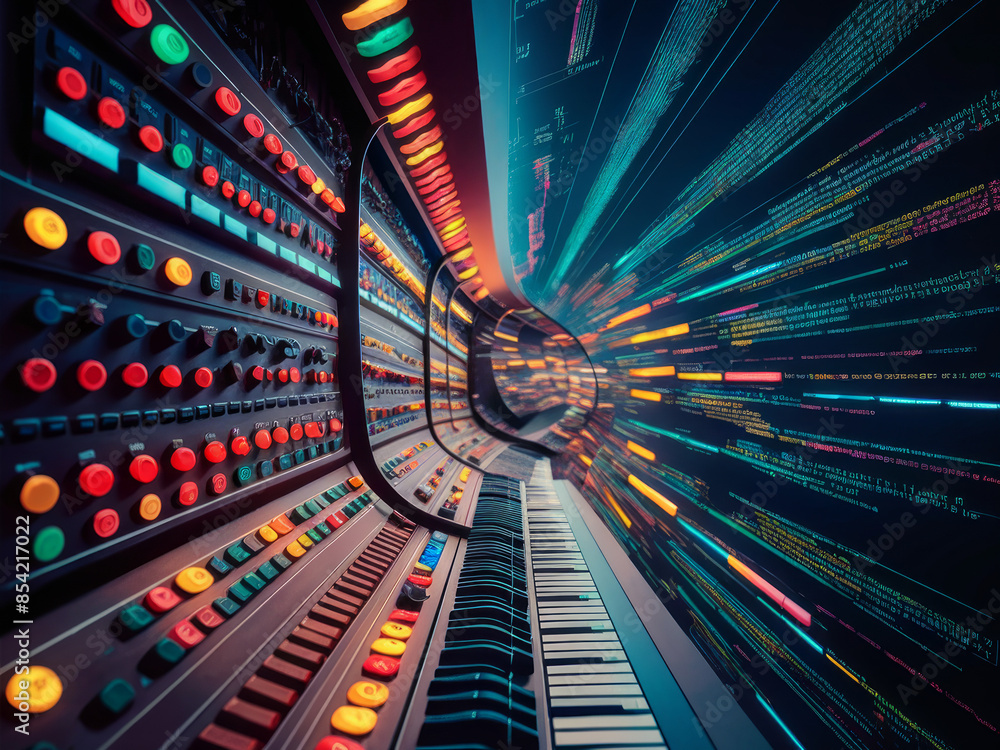 Poster dynamic sound engineering console with midi tracks and vibrant lights