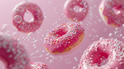 In this picture, a bright and colorful pink and purple joy donut is floating in the sky on a plain background while soft light spots fill in the background.