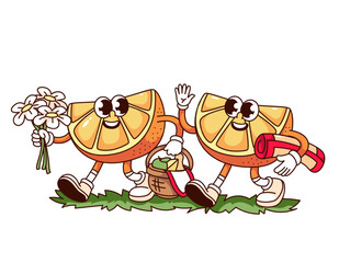 Groovy couple of orange slices cartoon characters walking. Funny retro fruit for orange smoothie or juice walk to picnic, summer drink mascot, cartoon sticker of 70s 80s style vector illustration