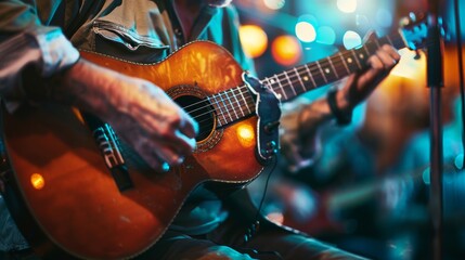 Obraz premium Vintage style guitar player in a pub vintage decor with folk music vibes