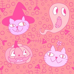 Halloween animals seamless cats and pumpkins pattern for wrapping paper
