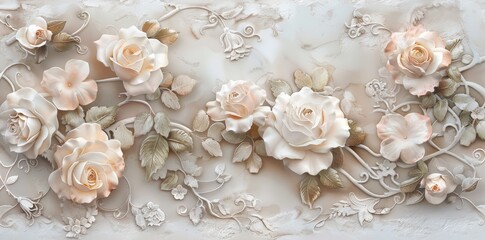 A retro wallpaper bunch of flowers on a rococo luxuries background in shades of red rose petals and acrylic pour dripping.