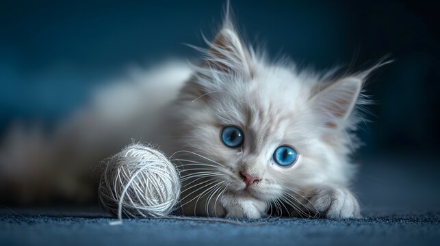 Close-up portrait of a cute fluffy kitten with bright blue eyes lying and playing with a ball of thread. Dark blue background.