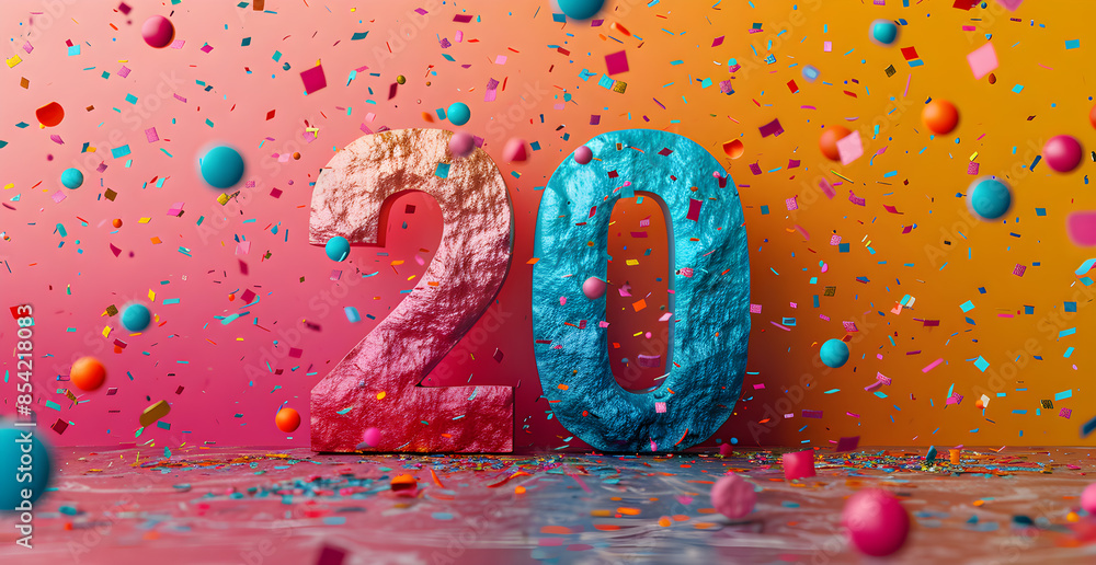 Poster a colorful explosion of confetti with the number twenty in the middle