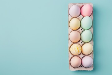 Obraz premium A wonder vibrant egg carton filled with colorful Easter eggs on a white and blue background.