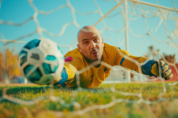Goalkeeper making a diving save wearing yellow jersey in outdoor soccer field, EURO 2024 concept