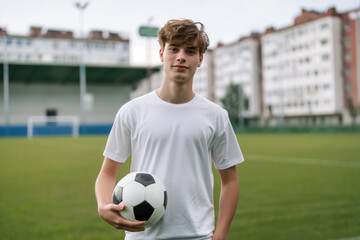 Teen boy holding a soccer ball on a football field, copy space background, sport concept. Eurocup 2024