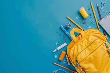 Colorful Back-to-School Supplies Spilling from Yellow Backpack on Blue Background