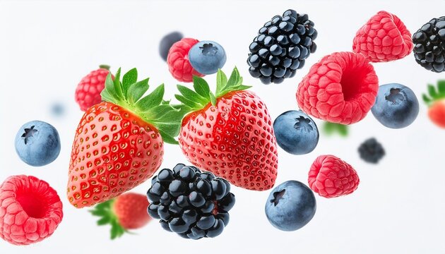 Mix Berries Raspberries Strawberries Blackberries And Blueberries Falling On An Isolated On White Background