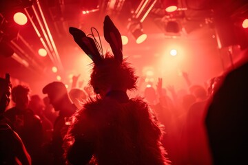 Animated Easter party person dressed as a bunny with a headband dancing in a nightclub background with red lights.
