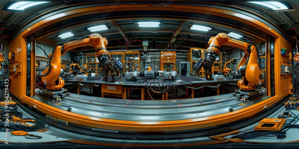 Poster an immersive 360-degree panorama of a cutting-edge robotics laboratory, where robotic arms move with