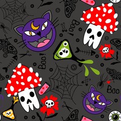 Naklejka premium Halloween animals seamless cats and mushrooms pattern for wrapping paper