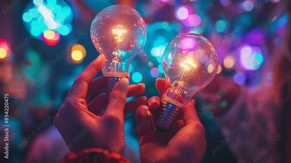 Aufkleber powered by dynamo concepts, multiple reflections of a hand holding a light bulb in a sequence of mir