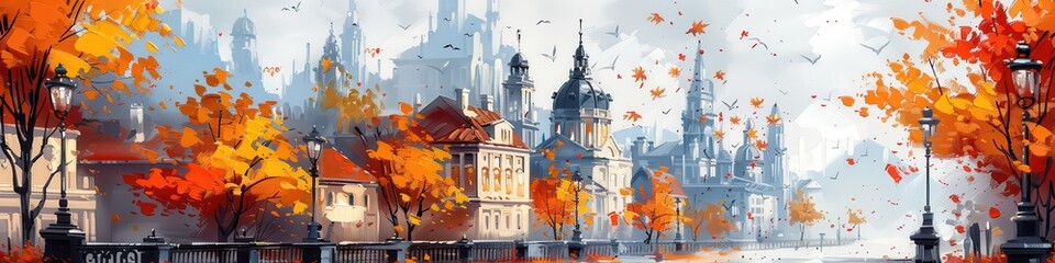 Naklejka premium Scenic autumn morning in an enchanting European town with vibrant fall foliage, historic architecture, and misty atmosphere