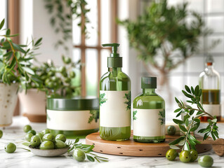 Stylish set cosmetic products based olives, surrounded olive branches, creates natural luxury health
