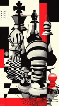 Abstract black white red chess pieces on a checkerboard. flat design