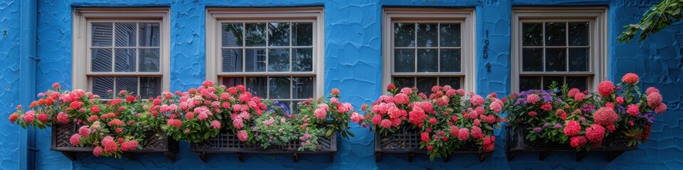 Four charming windows adorned with vibrant red and pink flowers in planters set against a bright blue wall on a sunny day