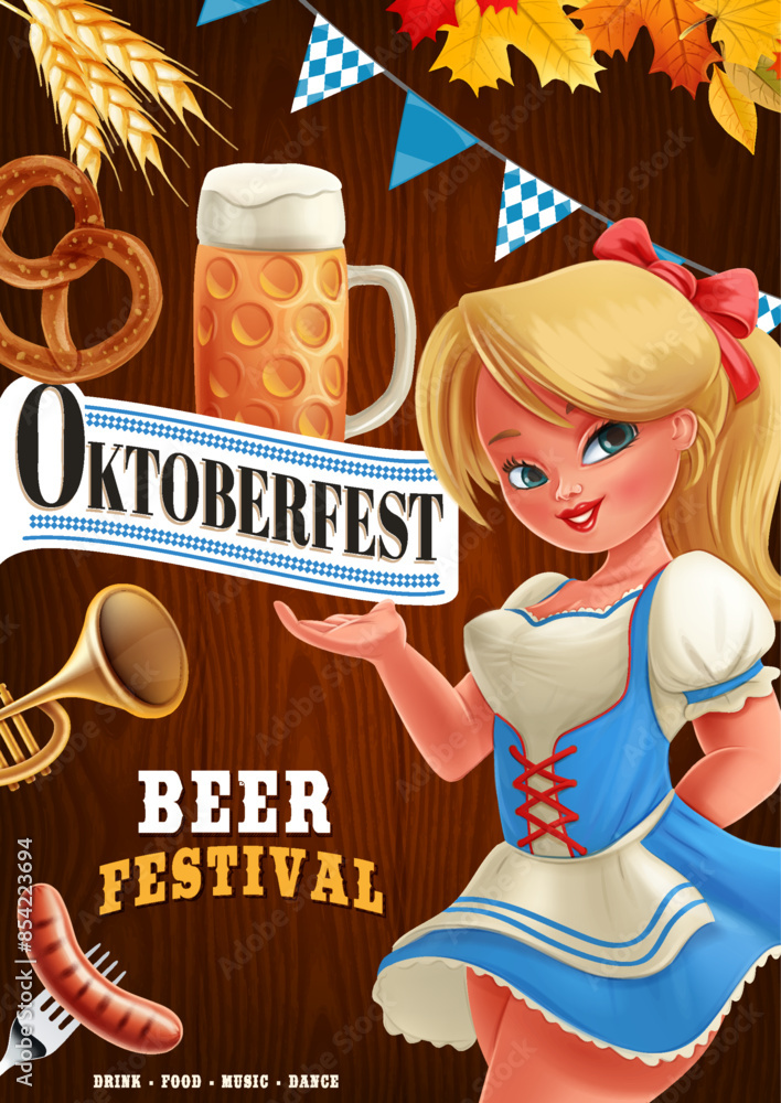 Wall mural blonde girl serves beer oktoberfest music sausage party in germany