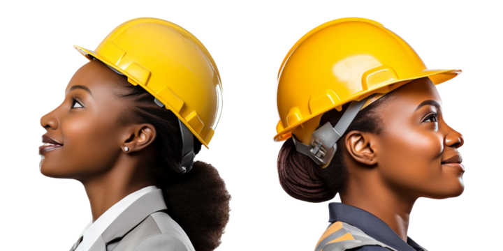 Empowering Women in Construction. Two women in construction gear symbolizing strength and diversity in the industry. Transparent or white background. 