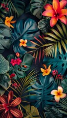 Many brightly colorful tropical plants are on a black background. Exotic leaves and flowers