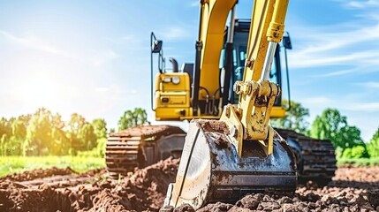 Excavator digging a trench on a construction site for foundation works