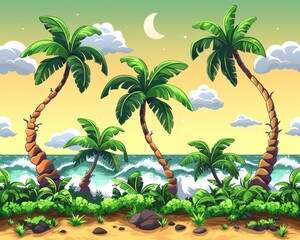 Obraz premium Animated Tropical Beach Landscape with Palm Trees, Ocean Waves, and Crescent Moon Under Cloudy Sky - Vibrant Summer Beach Scene