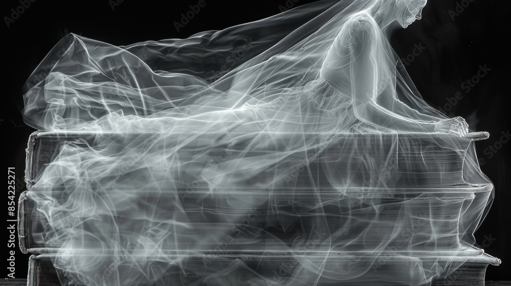 Poster x-ray scan of a stack of books, displaying the pages and bindings.