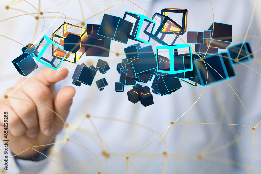 Poster Global network. Blockchain. 3D illustration. Neural networks and artificial intelligence. Abstract