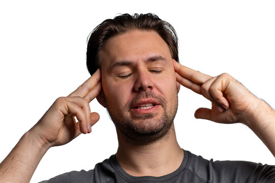 Young tired with headache man portrait isolated on white background