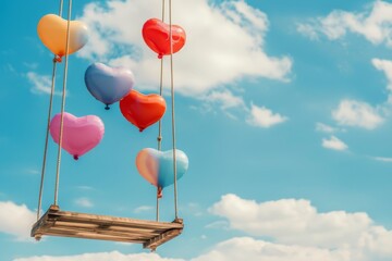 A heart-shaped life swing with rainbow balloons on blue sky background depicting a pride month and lesbian, gay, bisexual, transgender, and queer celebration