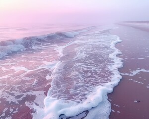 Serene Sunset Beach with Gentle Waves and a Pink Sky Creating a Tranquil and Peaceful Coastal Landscape