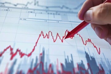 A businessman touches a virtual graph, chart, diagram with his hand