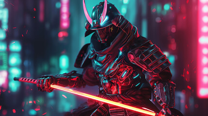 A futuristic cyberpunk samurai with glowing armor and a neon katana, blurred city background
