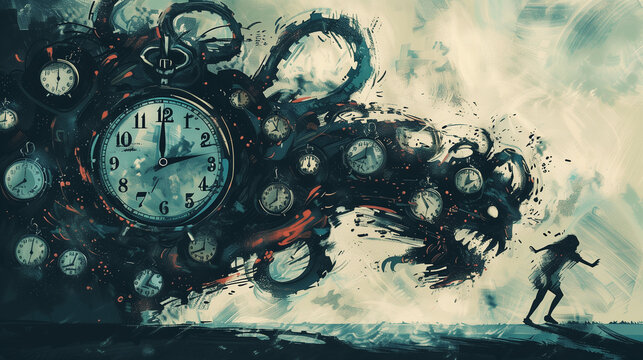 Illustration of a monster made of clocks and calendars chasing a person. Limited time, time running out, urgency, deadline concept