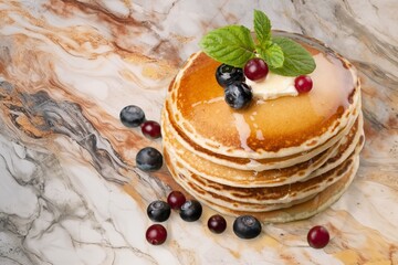 Fresh sweet tasty pancakes with strawberry and jam