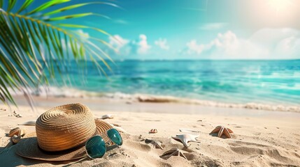 Sunglasses and a straw hat on a tropical sandy beach by the sea. T
