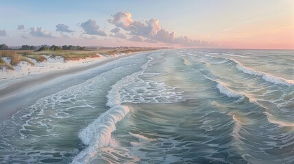 Stunning coastal scenery featuring gentle waves, serene sandy beach, and picturesque pastel sky during a tranquil sunset