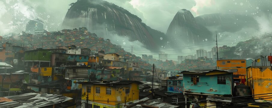 Three-dimensional rendering of a future large favela or slum with mountains in the background.