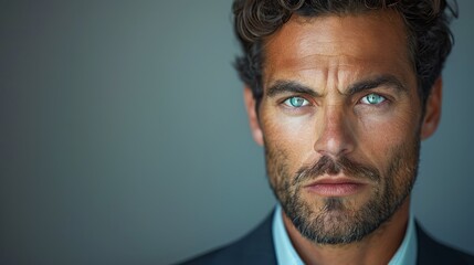 Fototapeta premium A man with mesmerizing blue eyes and stubble wears a blue blazer, looking confidently into the camera