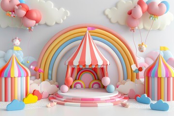 Obraz premium 3d abstract fantasy rainbow carnival design on white background, generative AI.