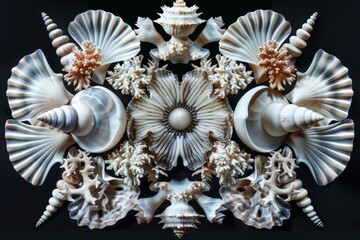 Obraz premium In this abstract texture, there is a beautiful pattern created by seashells, fish scales, moss, kelp, snake skin, nautilus shell, mother of pearl, and shimmering ocean waters arranged in an