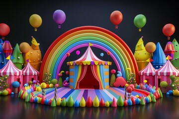 Obraz premium The design of this 3D abstract fantasy rainbow carnival simulates generative AI on a dark background.