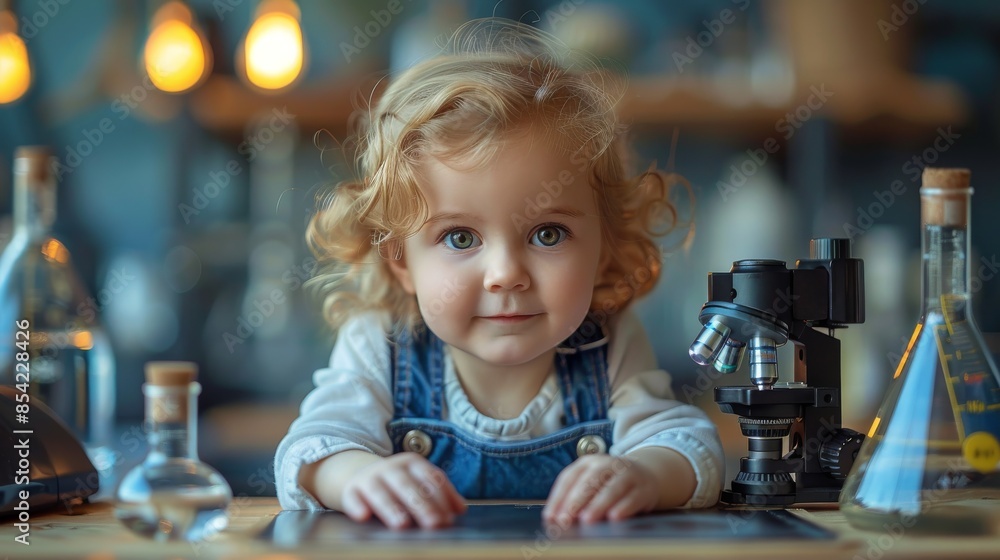 Poster cute curly-haired toddler engaging with a microscope and science equipment on a table