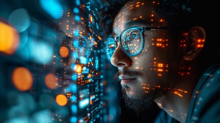 A blurred face merges with a backdrop filled with technical elements, signifying the fusion of humanity and technology