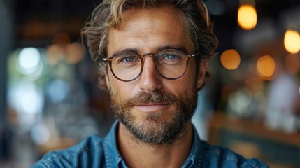 A confident, bearded man with striking blue eyes and glasses in a close-up portrait