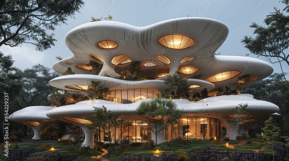 Poster render a cross-section of a futuristic house equipped with automated systems for climate control, li
