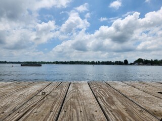 wooden pier on a lake, blue skies, lake, pier, water, calming, waves, clouds