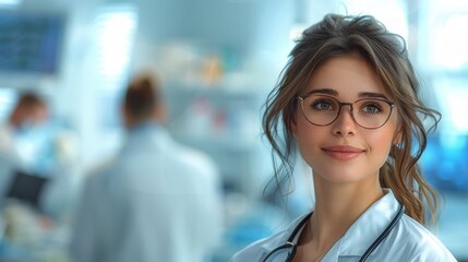 Fototapeta premium A professional woman with glasses in a white coat standing confidently in a hospital environment