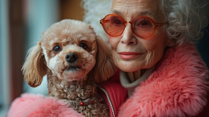 Senior lady with elegant glasses and a poodle in matching pink outfits